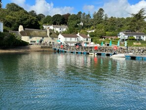 A waterfront pier with boats docked, surrounded by houses and greenery.