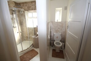 Une salle de bain avec une douche à parois de verre, des toilettes et un lavabo.