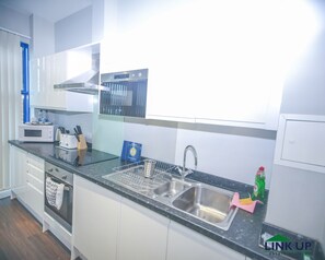 Comfort-huoneisto, useita sänkyjä, kaupunkinäköala | Yksityinen keittonurkkaus | Jääkaappi, mikroaaltouuni, uuni, liesi