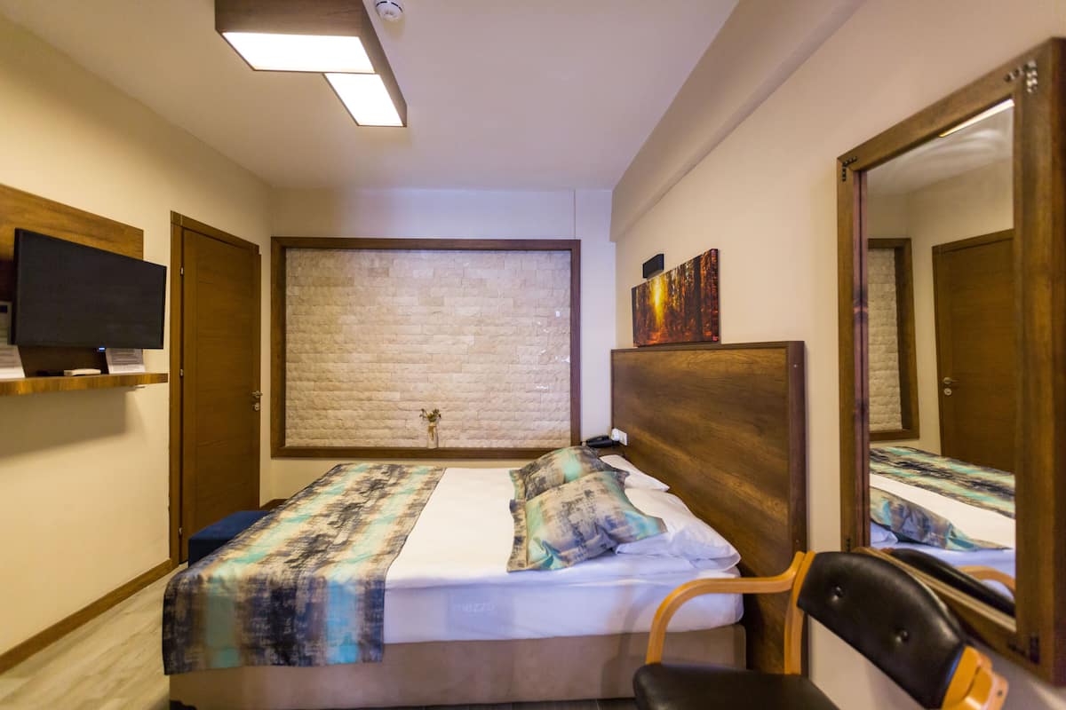 Une chambre d’hôtel avec un lit, un téléviseur posé sur une étagère, une tête de lit en bois, un miroir et un mur décoré d’un motif en briques.