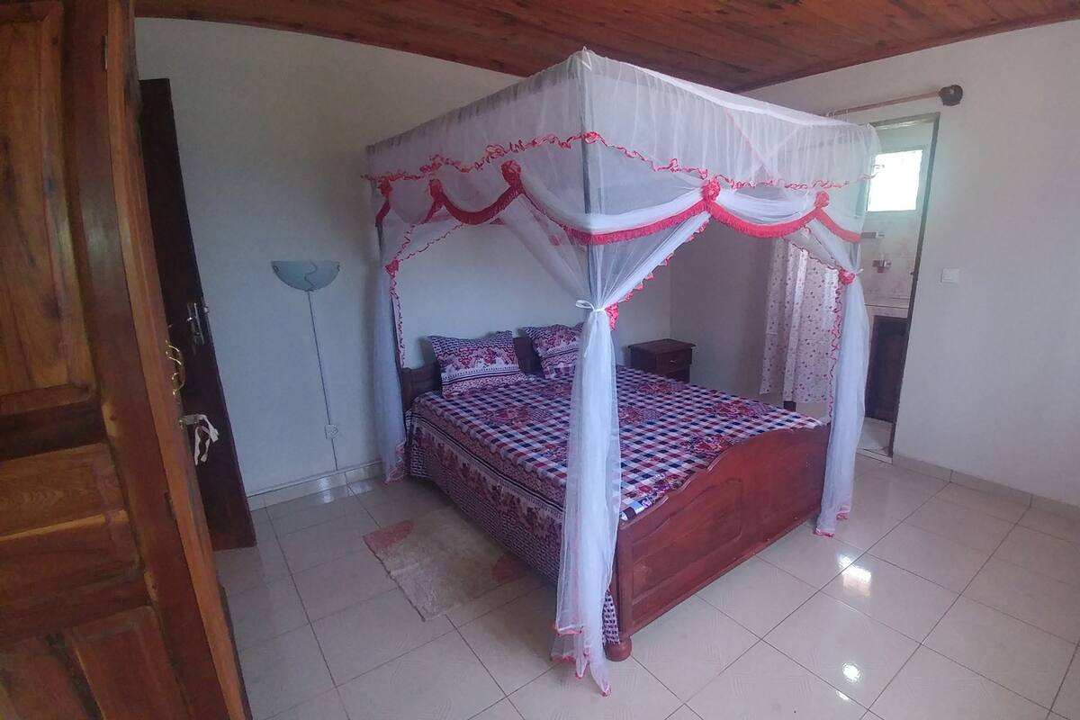 Ein Schlafzimmer mit Himmelbett, Nachttisch und einer Wandlampe.
