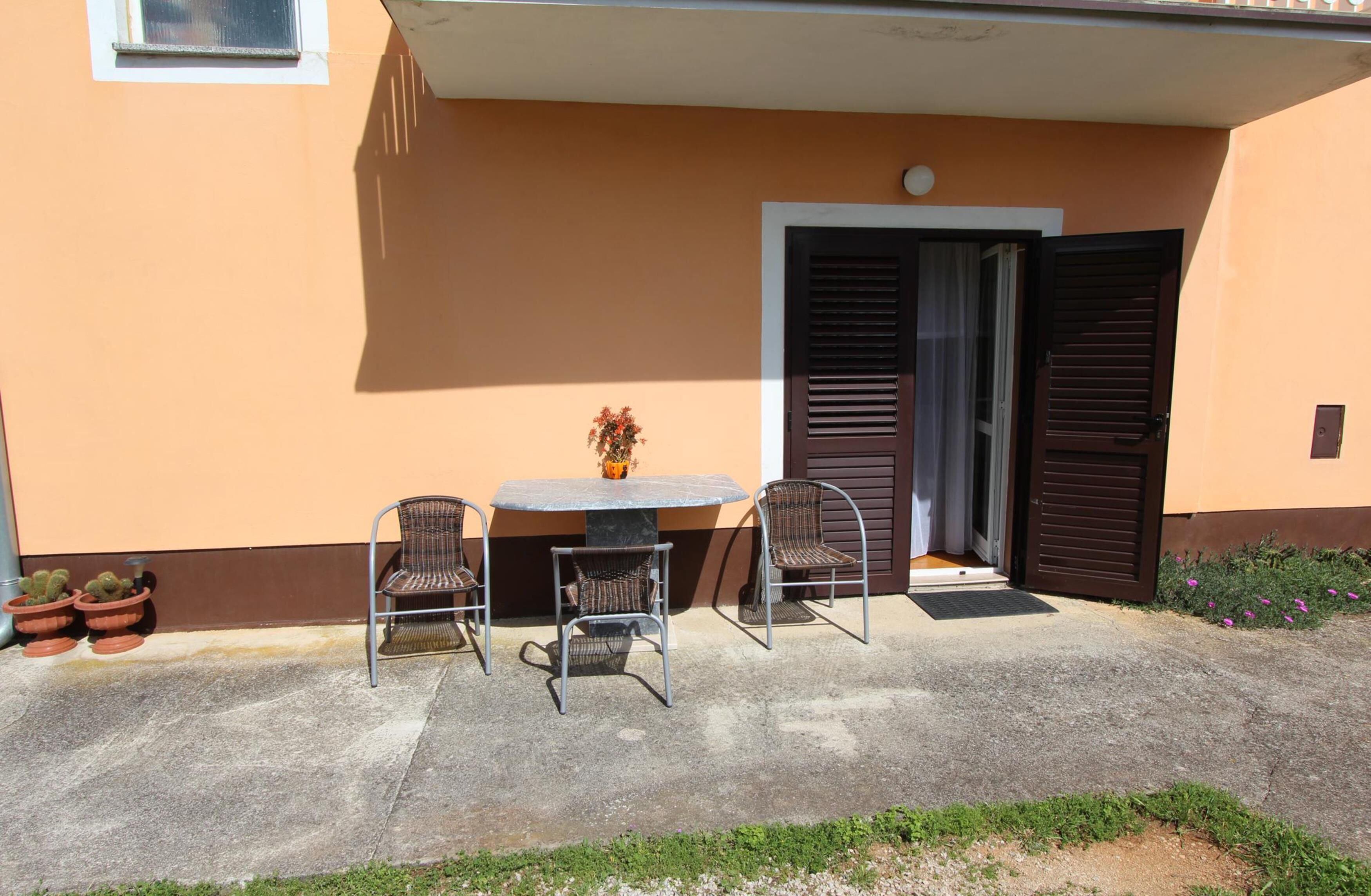 Une terrasse extérieure avec une table ronde et quatre chaises, un pot de fleurs et une porte à volets.