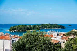 A coastal town with a prominent island, clear blue sea, and buildings with red-tiled roofs. - Apartments San Francesco (Rovinj)