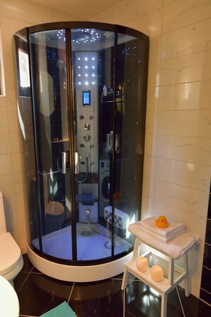 Haartrockner, Handtücher, Seife, Shampoo