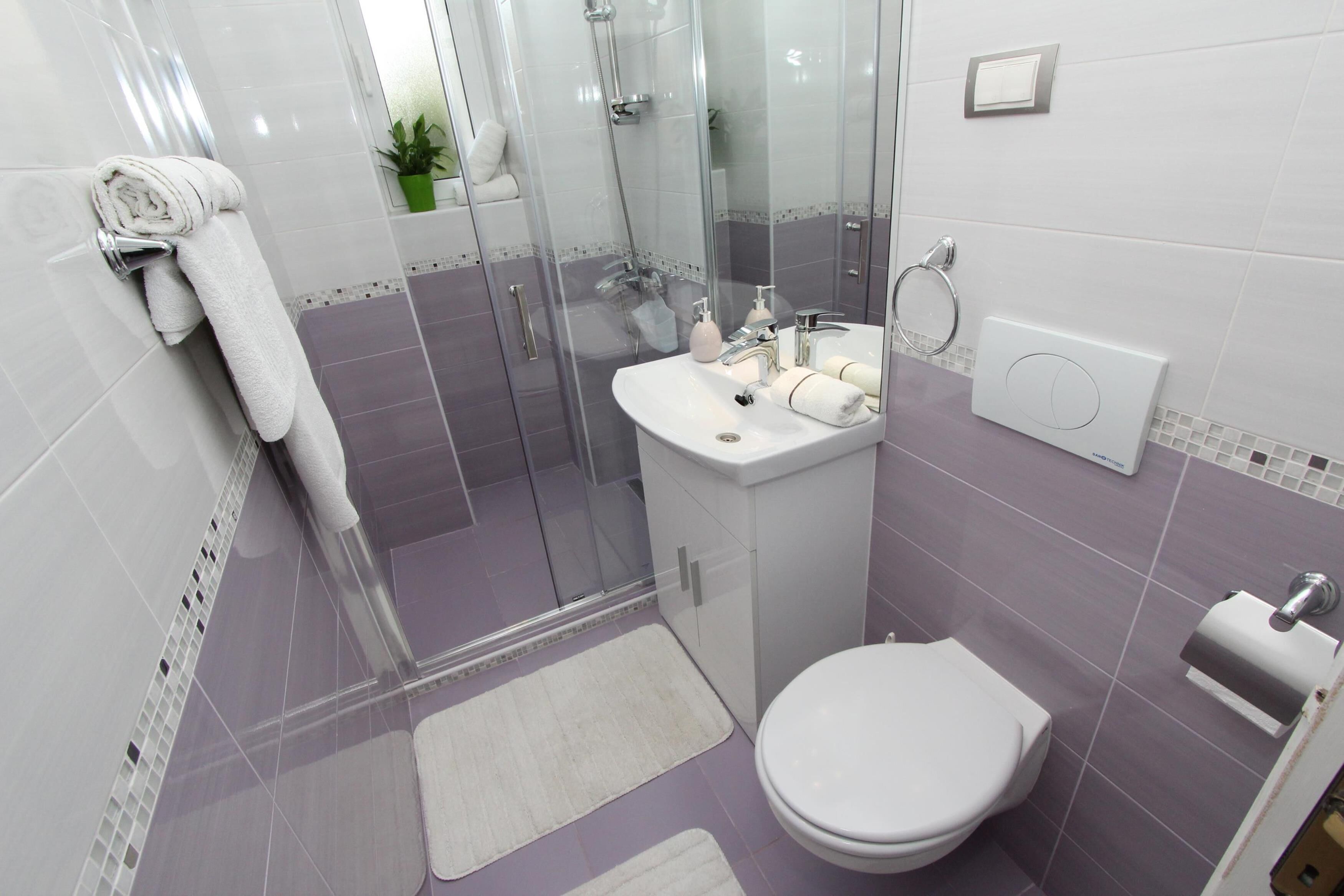Een moderne badkamer met een douchecabine van glas, een witte wastafel met spiegel en een toilet.