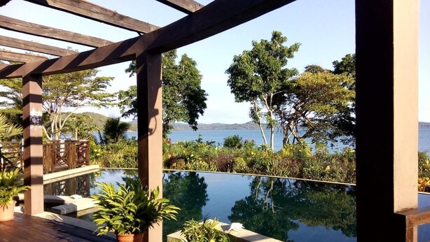 Una piscina infinita con terraza de madera y plantas en macetas, rodeada de vegetación exuberante y vistas al mar.