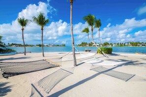 On the beach, sun-loungers, beach towels