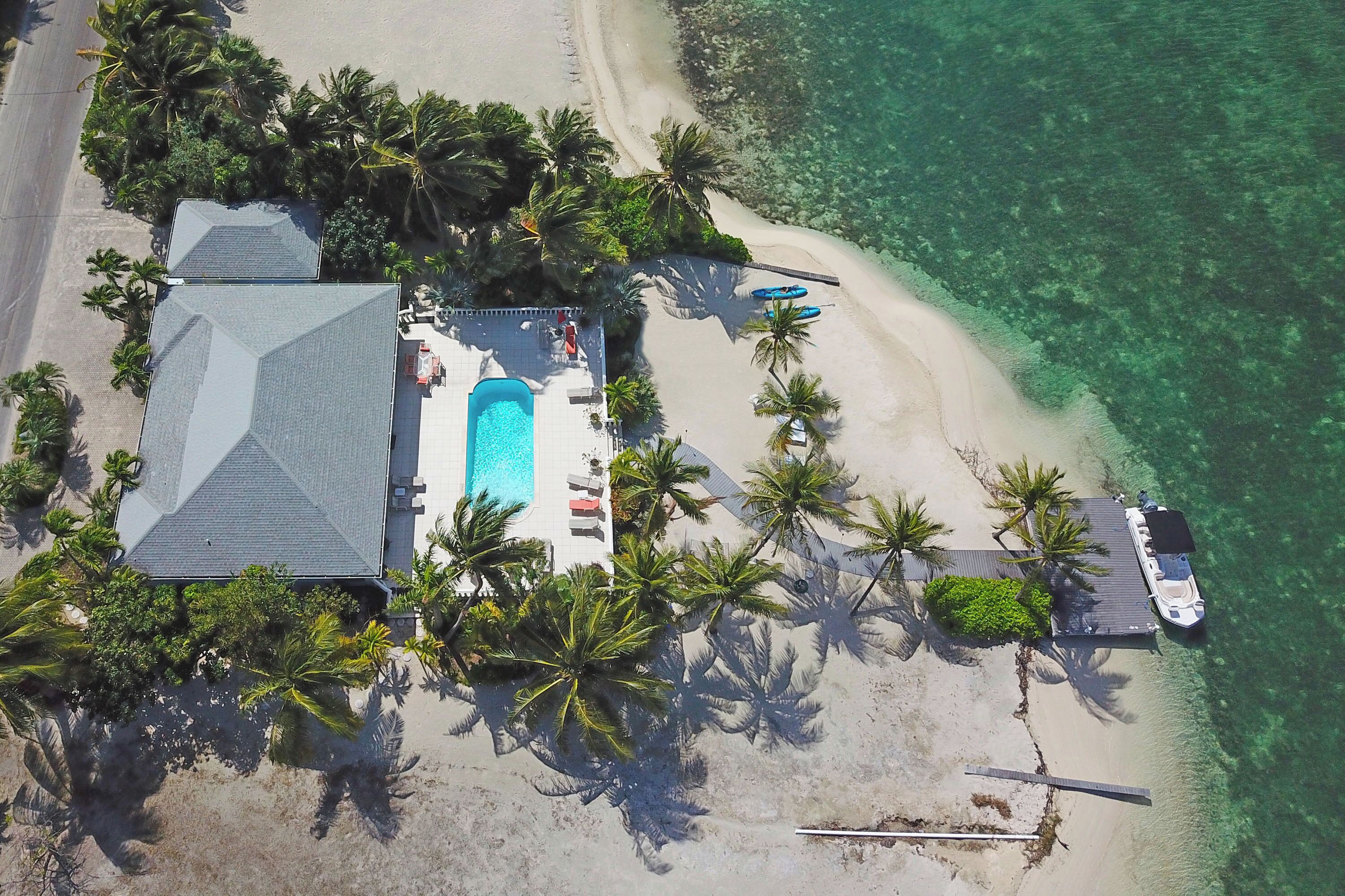 An aerial view of a beachfront property with a swimming pool, a dock, and palm trees.