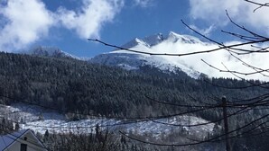 A mountainous landscape with snow-covered peaks, a forested area, and a few buildings with snow on their roofs. - Le Grand Joly (Sainte-Agnès)