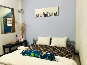 Desk, free WiFi, bed sheets