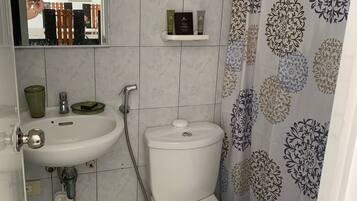 Un bagno con WC, lavabo e doccia. Si nota uno scaffale con articoli da toilette e uno specchio sopra il lavabo.