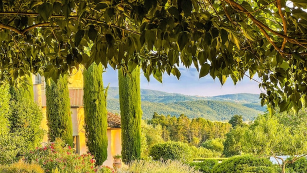 A lush garden with a variety of plants and a building with a yellow facade. - Country House Villa Rey (Panicale)