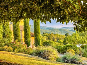 A lush garden with a variety of plants and a building with a yellow facade. - Country House Villa Rey (Panicale)