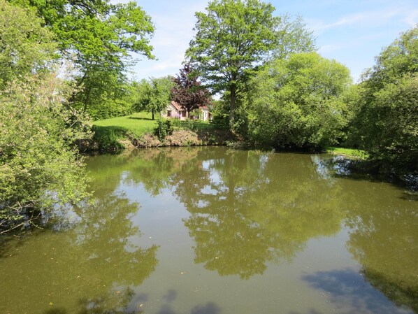 A serene riverside scene with lush greenery and a house partially obscured by trees. - Private detached stone house overlooking a lake (Sazeray)