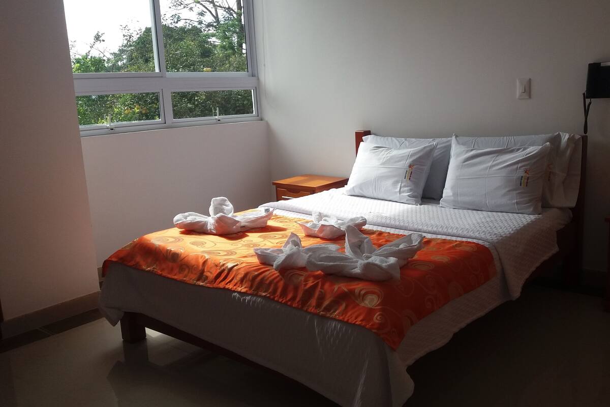 A neatly made bed with white linens and an orange bedspread, a bedside table with a lamp, and a window with a view of trees.