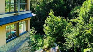 A modern two-story building with large windows overlooking a lush forest and a stream. - Hotel Vall Fosca (La Torre de Cabdella)