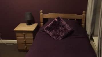 Een enkel bed met een paarse deken, een houten hoofdbord, een klein nachtkastje met een lamp, en een schilderij aan de muur.