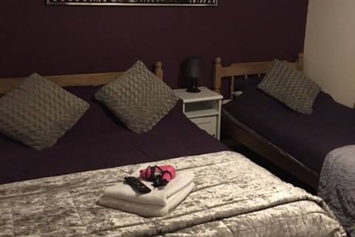 A room with two beds, a nightstand, and a wall-mounted zebra artwork.