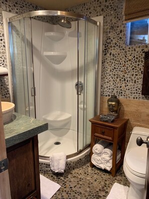 Shower, hair dryer, towels, soap