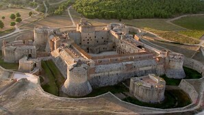 Een luchtbeeld van een historiek fort met meerdere torens en muren, omgeven door velden en bomen.