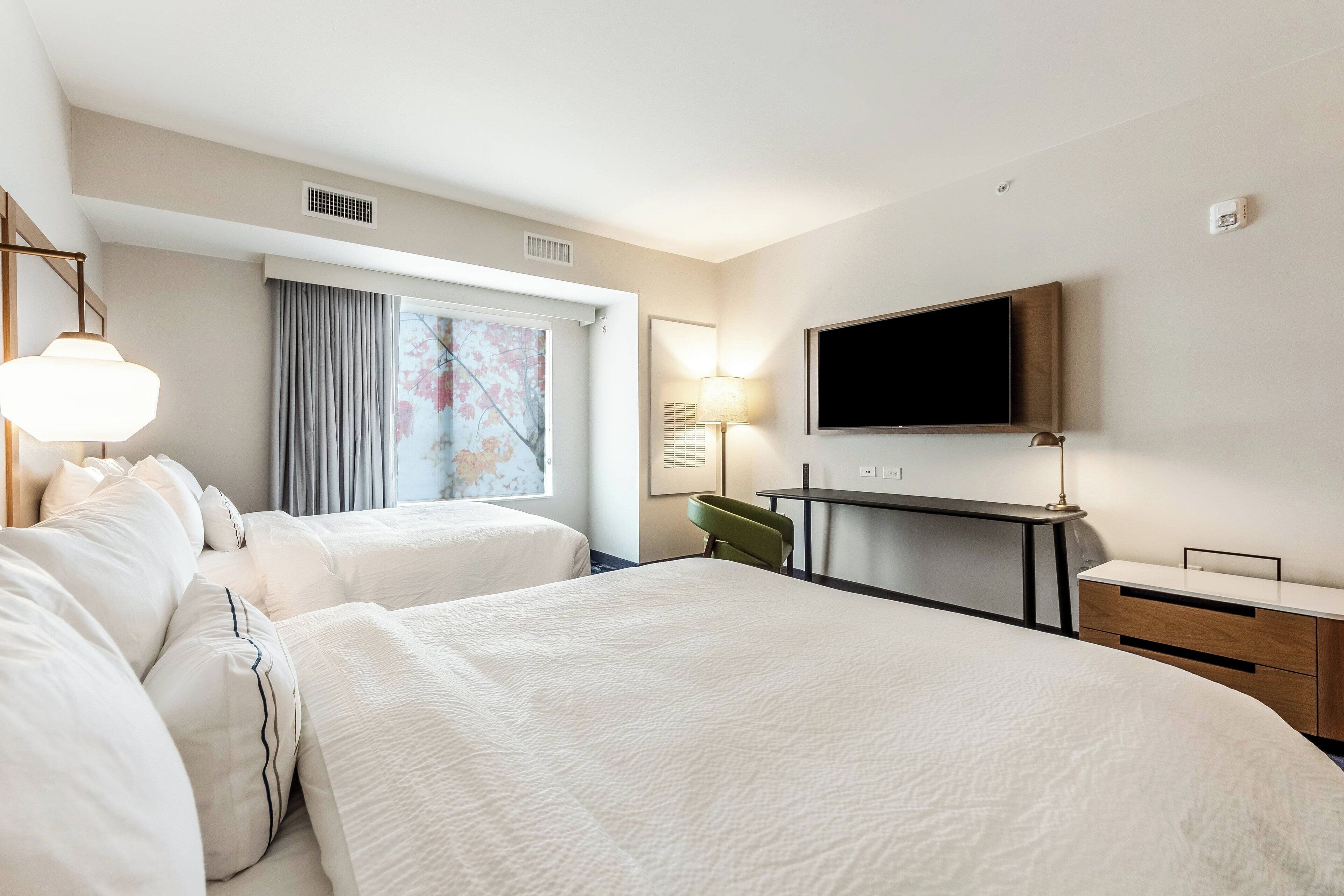 desk, laptop workspace, blackout curtains, iron/ironing board