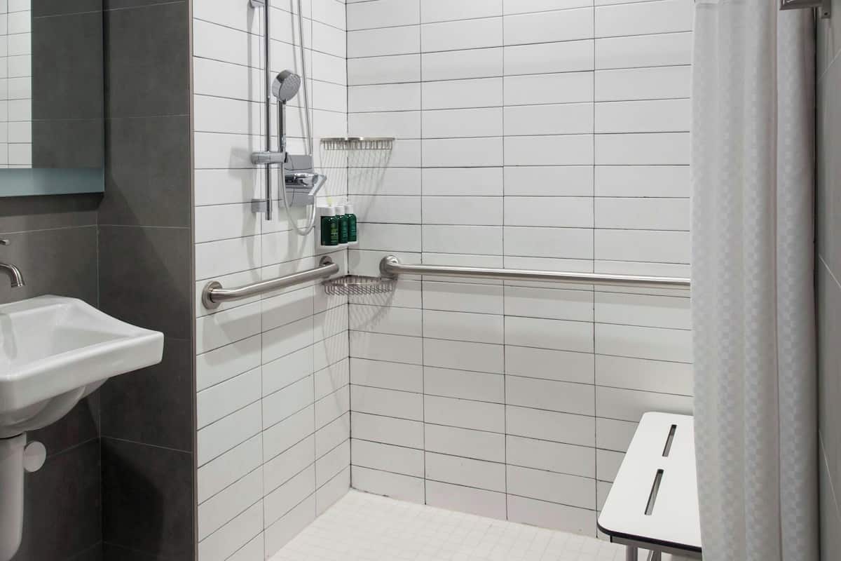 combined shower/bathtub, free toiletries, hair dryer, towels