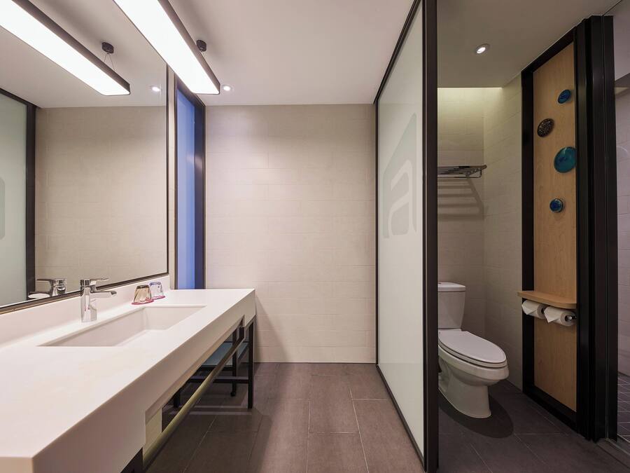 A modern bathroom with a large mirror, two sinks, a toilet, and a shower area.