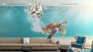 Habitación con un gran mural de una tortuga marina, un sofá color beige, dos sillas de mimbre y una lámpara de araña moderna.