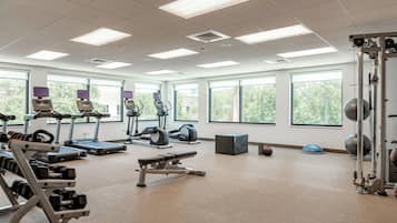 Un gimnasio con cintas de correr, elípticas, pesas libres y pelotas de ejercicio.
