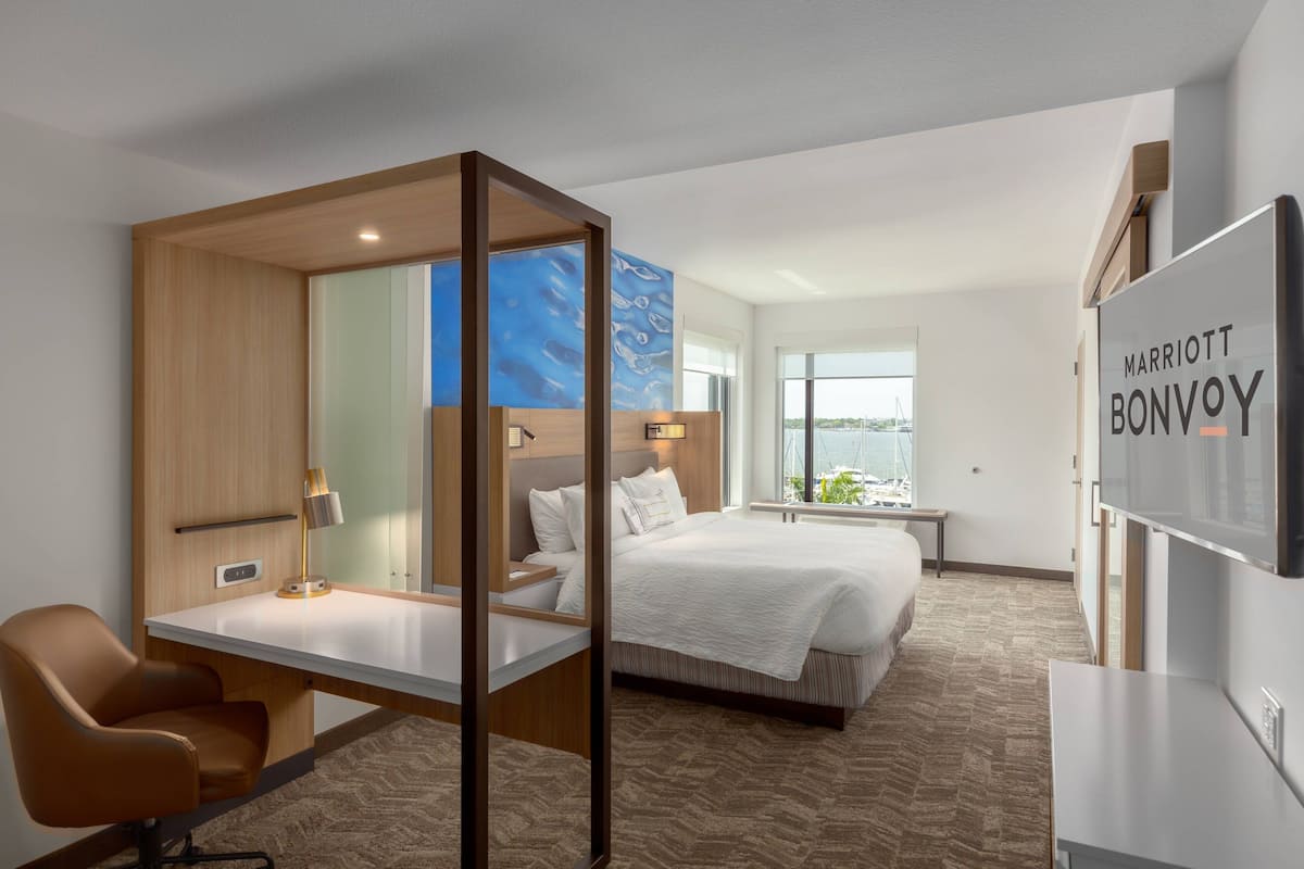 Una habitación de hotel moderna con una cama grande, un escritorio, una silla y un televisor.