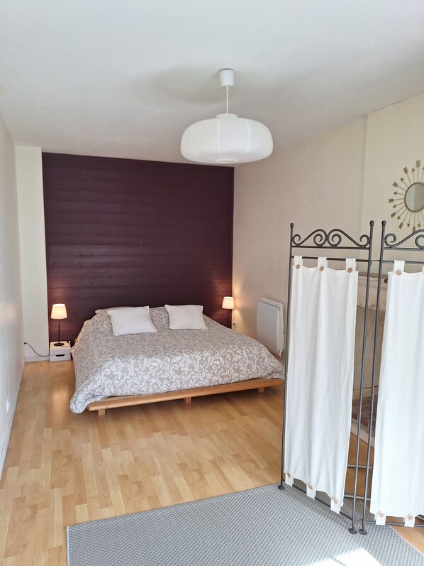 Een slaapkamer met een houten bed, een plafondlamp, een spiegel en een radiator.
