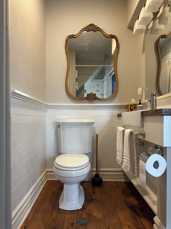 A bathroom with a toilet, a sink, a mirror, and a shower.