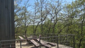 A wooden deck with lounge chairs and a table, surrounded by trees. - Modern wooden house with tree terrace and private heated pool (Luzech)