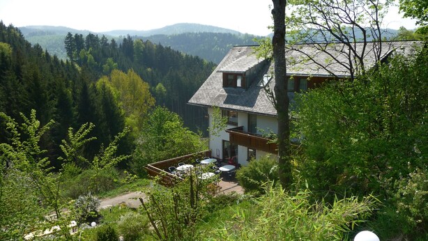 A house with a balcony overlooking a forested valley. - Landhaus Valentin (Triberg im Schwarzwald)