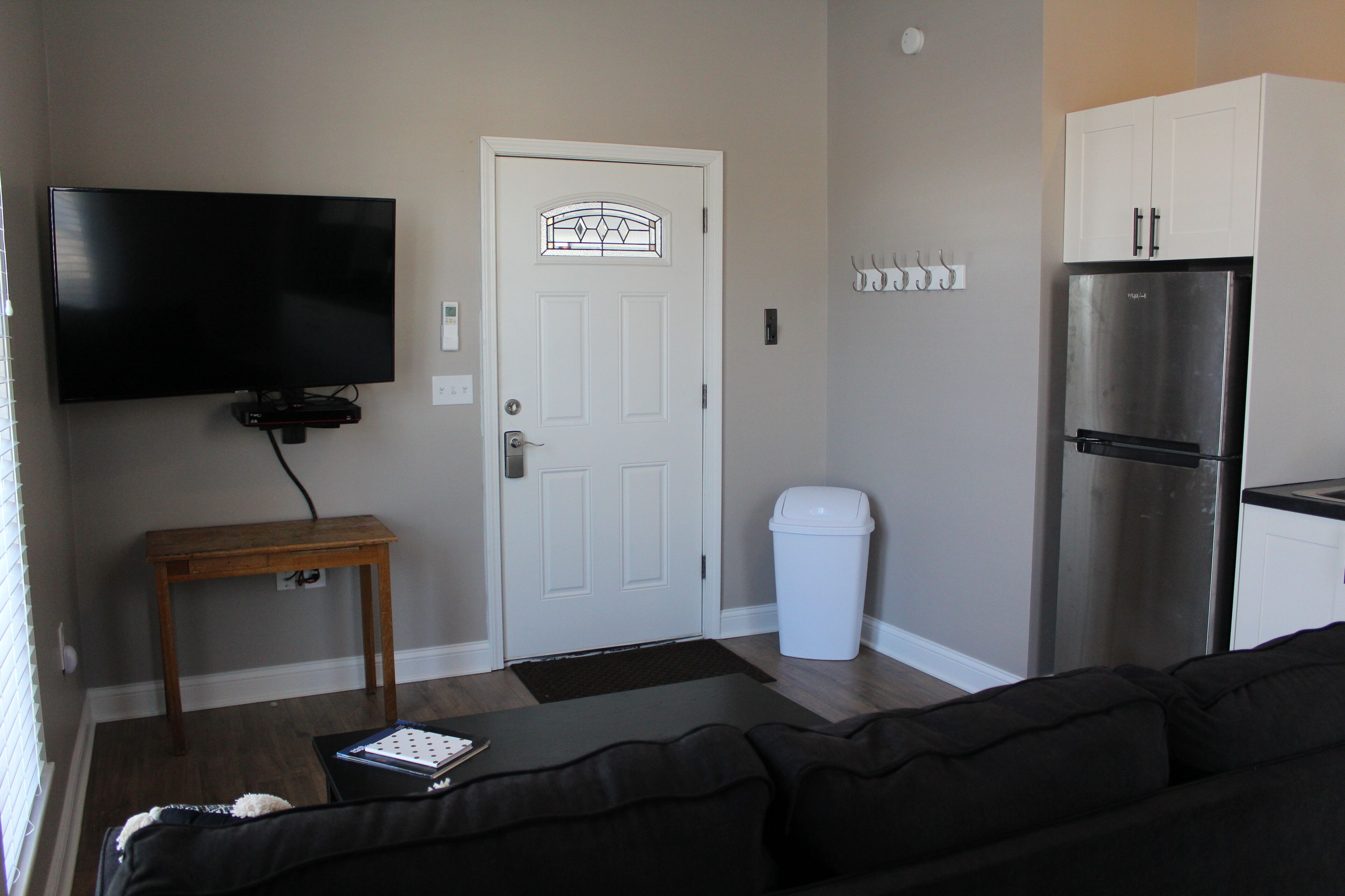 Smart TV, fireplace, books