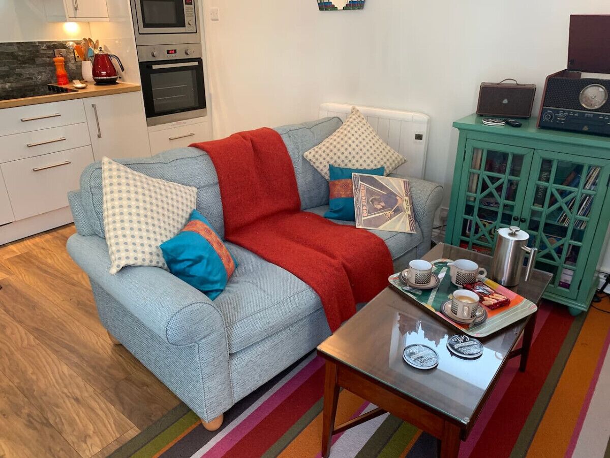 TV, fireplace, books, stereo