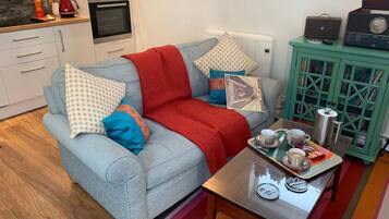 TV, fireplace, books, stereo