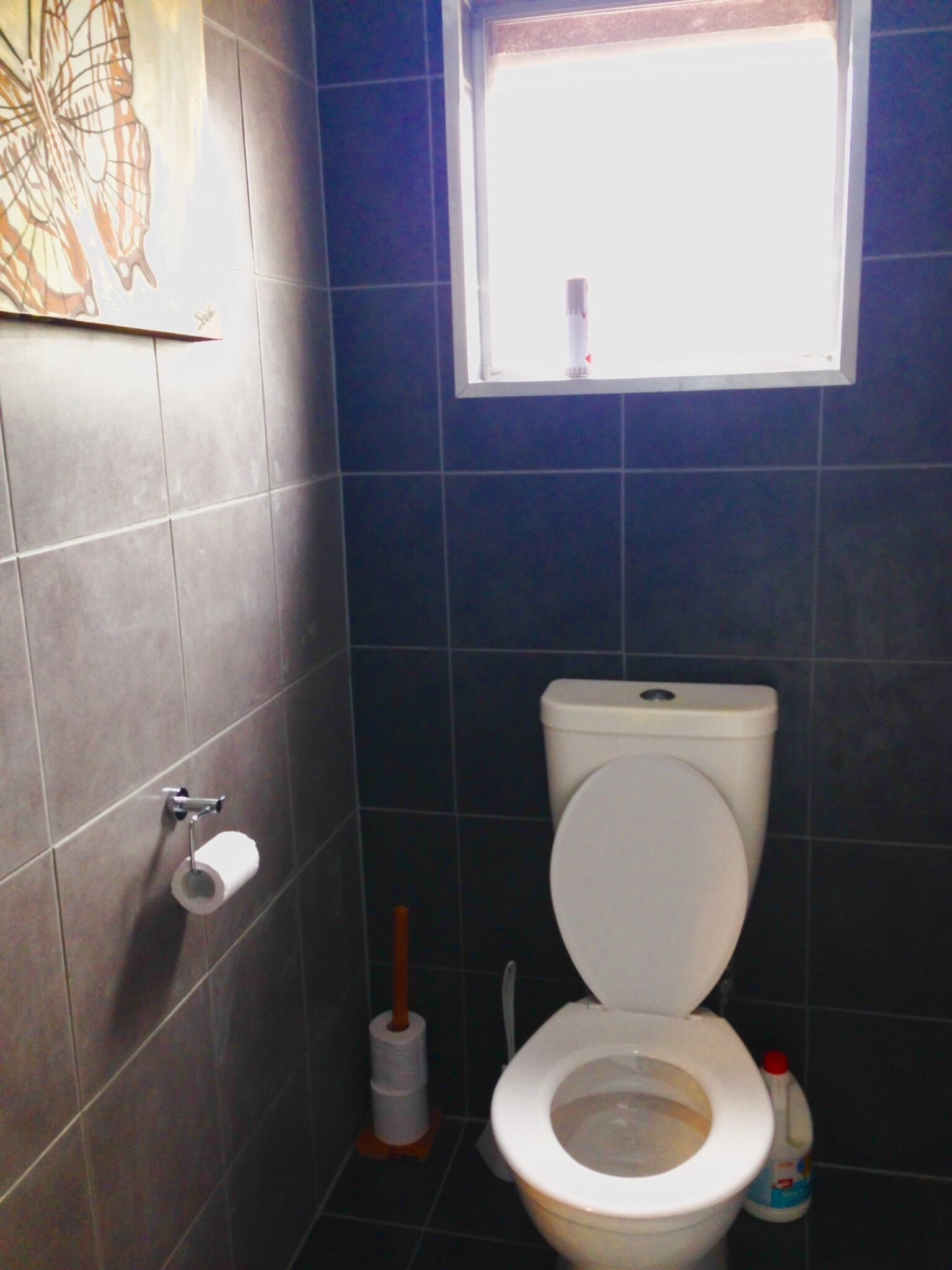 Ein Badezimmer mit Toilette, Toilettenpapierhalter, WC-Bürste und einem Fenster.