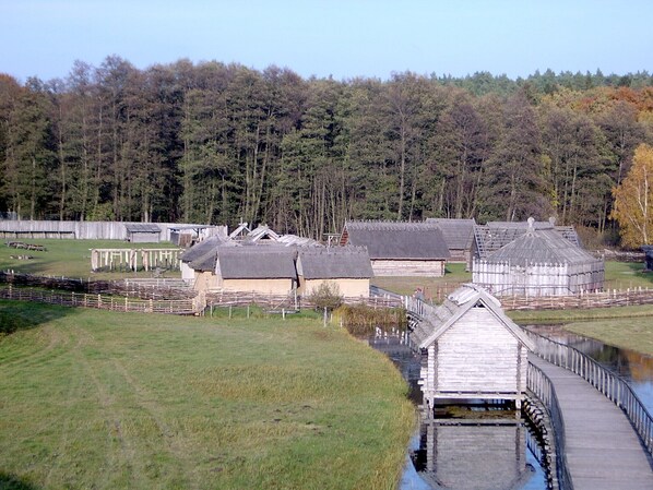 A rural setting with traditional wooden buildings, a wooden bridge, and a forested background.