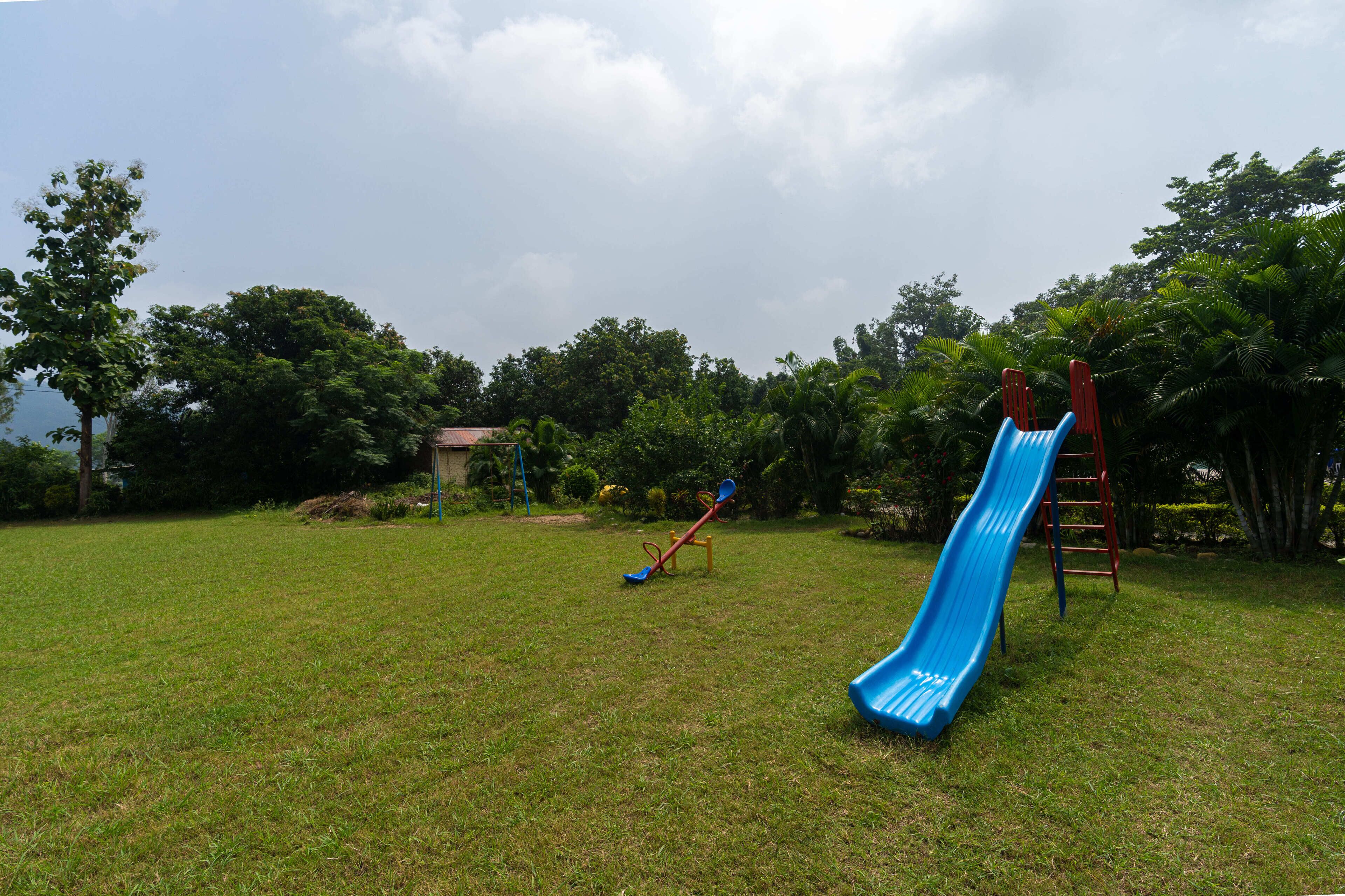 A playground with a blue slide and a red seesaw in a grassy area with trees.