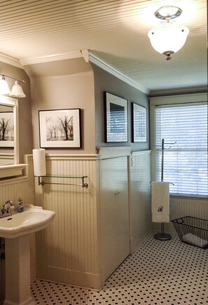 Duschwanne, Haartrockner, Handtücher, Seife