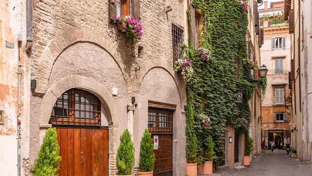 Una estrecha calle empedrada con edificios históricos, puertas de madera y plantas en macetas.