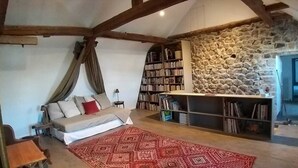 Una sala de estar acogedora con una pared de piedra, una estantería, un sofá y una alfombra estampada.