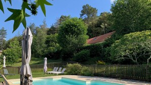 Ein Swimmingpool mit Liegestühlen und Sonnenschirmen, umgeben von einem Holenzaun und üppiger Bepflanzung.