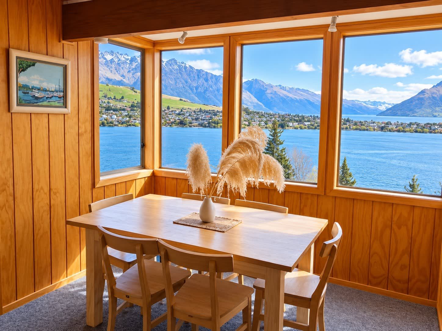 Interior de madera con mesa y sillas para comer, ventanas amplias con vistas a un lago y montañas.