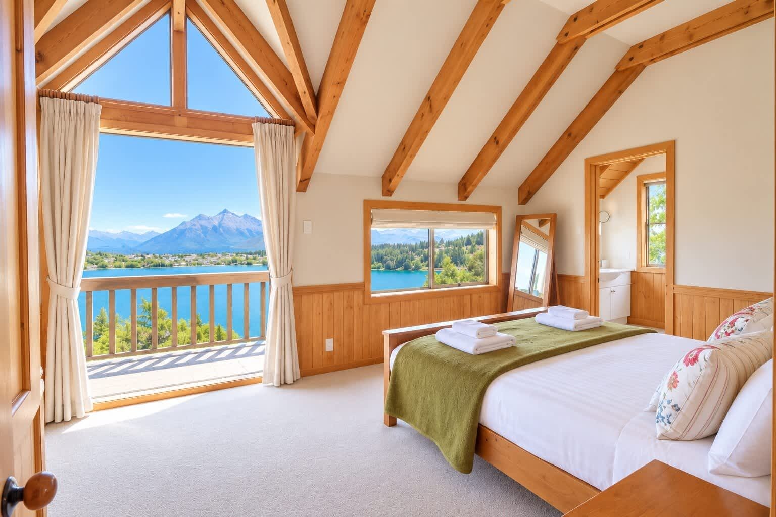 Un dormitorio con un ventanal grande, vigas de madera, una cama con manta verde y vistas a un lago y montañas.
