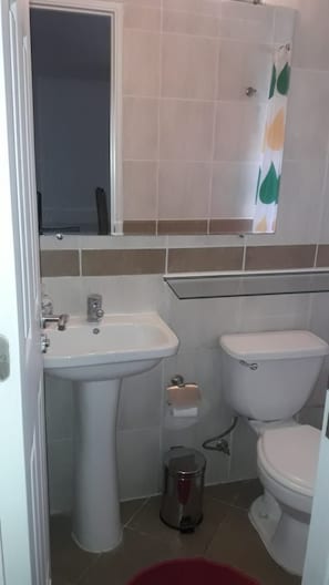 Une salle de bain avec un lavabo, des toilettes et une poubelle.