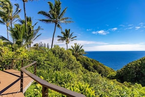 A coastal view with palm trees and a wooden deck overlooking the ocean. - Gardenia Room on Tropical Lush Farm in Haiku, Maui with Private Soak Pool (Haiku)