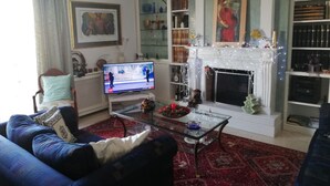Uma sala de estar com sofá, mesa de centro, lareira, estante e televisão.