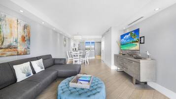Condo, 1 King Bed with Sofa bed (Elegant beachfront condo in private c) | Living area